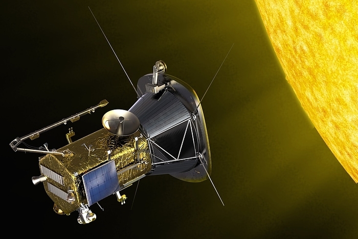 Parker Solar Probe at the Sun, illustration Parker Solar Probe at the Sun. Illustration of NASA s Parker Solar Probe at the Sun. Originally called Solar Probe, and then Solar Probe Plus, this mission was renamed in May 2017 after solar astrophysicist Eugene Parker. The mission will be carried out by NASA and Johns Hopkins University Applied Physics Laboratory. The mission was launched in August 2018, using a solar shield for protection. The unmanned probe will approach to within 6 million kilometres of the solar surface  photosphere .
