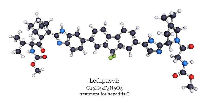 Ledipasvir antiviral drug molecule Ledipasvir antiviral drug molecule. Ledipasvir is an antiviral drug used in the treatment of hepatitis C, usually in combination with one of several other hepatitis drugs. It is an inhibitor of a viral phosphoprotein involved in replication and viral assembly. Atoms are represented as spheres and are colour coded: carbon  black , hydrogen  white , oxygen  red , nitrogen  blue  and fluorine  green .