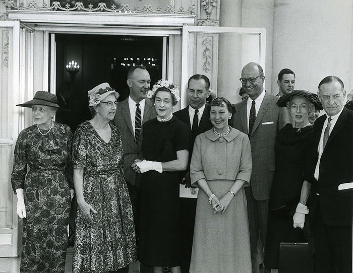 Eleanor Roosevelt. White House, April 30, 1959    First Lady Mamie Eisenhower hosts a gathering of presidential offspring. From left to right they are: Mrs. Alice Longworth, daughter of Theodore Roosevelt, Mrs. Helen Manning, daughter of William H. Taft, Major John Eisenhower, son of Dwight Eisenhower, Mrs. John Harlen Amen, daughter of Grover Cleveland, John Coolidge, son of Calvin Coolidge, Mamie Eisenhower, James Roosevelt, son of Franklin Roosevelt, Mrs. Eleanor McAdoo, daughter of Woodrow Wilson, and Richard Cleveland, son of Grover Cleveland. Photo: Abbie Rowe