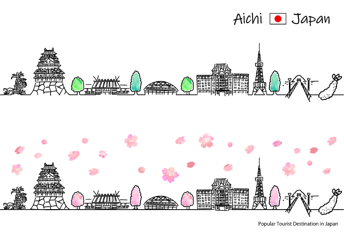 A set of simple line drawings of a tourist town in Aichi Prefecture in spring.
