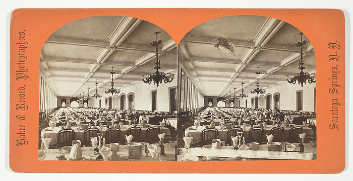 Untitled  hotel dining room , late 19th century.  Creator: Baker  amp  Record. Untitled  hotel dining room , late 19th century.  Tables laid for dinner, Saratoga Springs, New York State, USA . Albumen print, stereocard, from the series  quot Saratoga Springs, N. Y. quot .