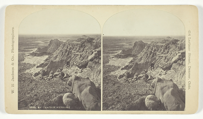 Badlands of Wyoming, 1879 92. Creator: William H. Jackson. Badlands of Wyoming, 1879 92.  Geological features in the USA . Albumen print, stereocard.