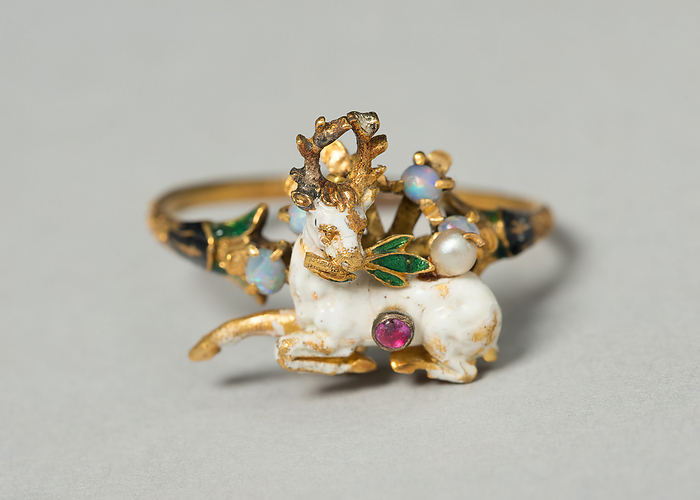 Stag with Herb Branch Mounted as a Ring, Germany, c. 1550 c. 1600  stag , mounted on later ring. Creator: Unknown. Stag with Herb Branch Mounted as a Ring, Germany, c. 1550 c. 1600  stag , mounted on later ring.