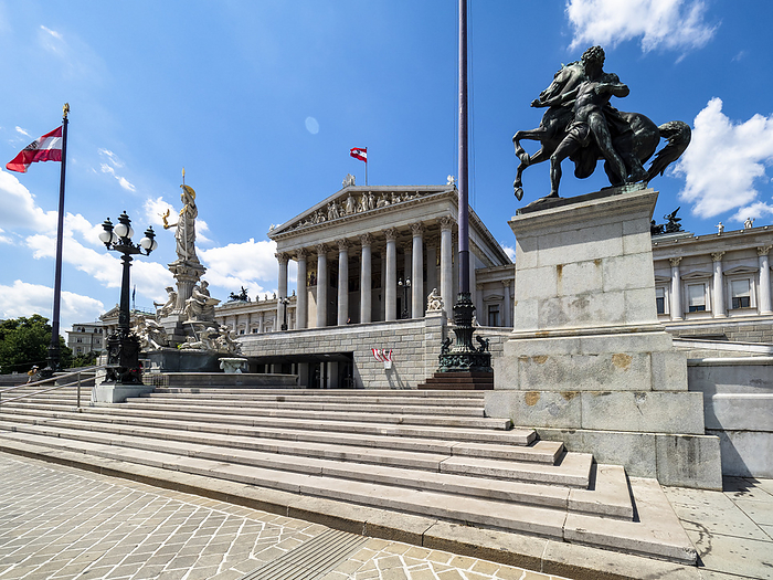 Vienna Parliament House, Vienna, Austria Austria, Vienna, Steps of Austrian Parliament Building with Pallas Athena Fountain in background