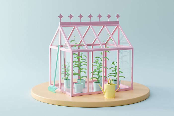 Three dimensional render of plants growing in greenhouse