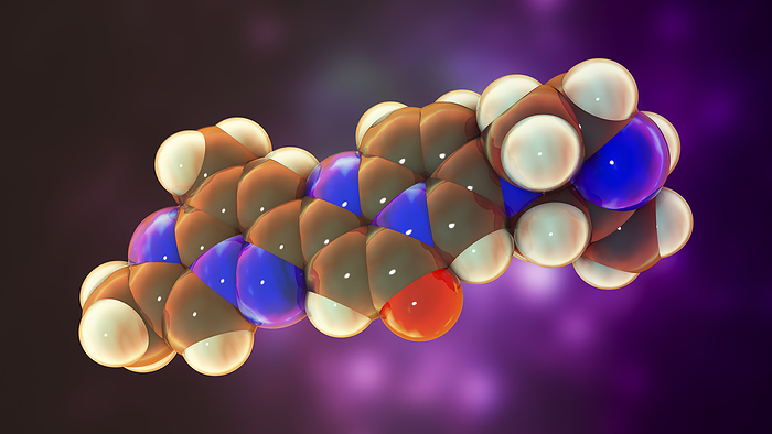 Risdiplam drug molecule, illustration Illustration of Risdiplam drug molecule, a medication used to treat spinal muscular atrophy  SMA ., Photo by KATERYNA KON SCIENCE PHOTO LIBRARY