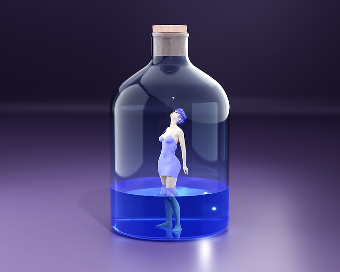 Three dimensional render of woman trapped in large bottle