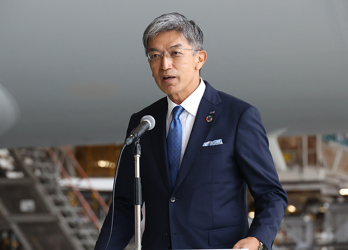 ANA Promotes Use of Eco Fuel October 14, 2021, Tokyo, Japan   Japan s airfreighter ANA Cargo president Toshiaki Toyama announces they will launch the new program of  SAF Flight Initiative  to use sustainable aviation fuels  SAF  for their flights to support UNSDGs at the company s Hangar at the Haneda airport in Tokyo on Thursday, October 14, 2021. ANA and Japan Airlines  JAL  announced a joint report  Toward Virtually Zero CO2 Emissions from Air Transport in 2050  last week as they will work with the government and logistics companies to promote SAF to reduce CO2 emissions.     Photo by Yoshio Tsunoda AFLO  