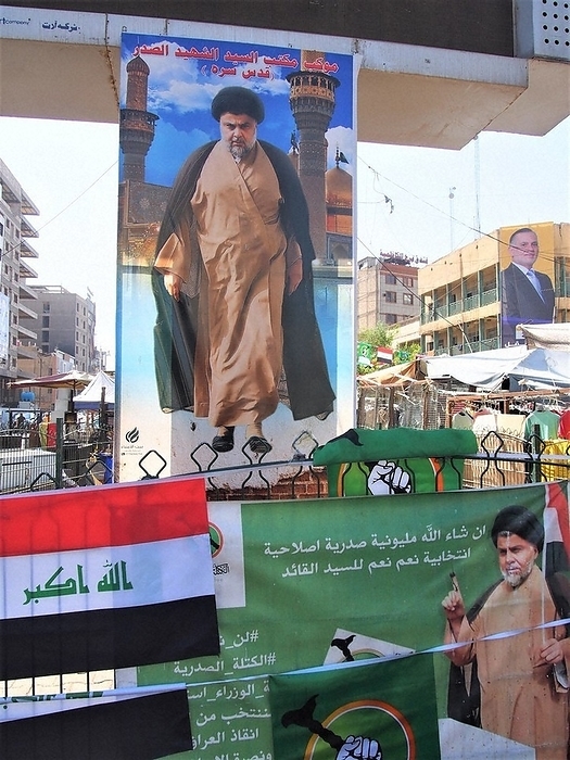 2021 Iraqi General Election Sadrists to Remain No. 1  A signboard of Shiite Islamist leader Sadr Sadr, who leads the coalition of parties that won the Iraqi parliamentary elections, in Baghdad, October 11, 2021, photo by Morisaku Mano, Iraq.