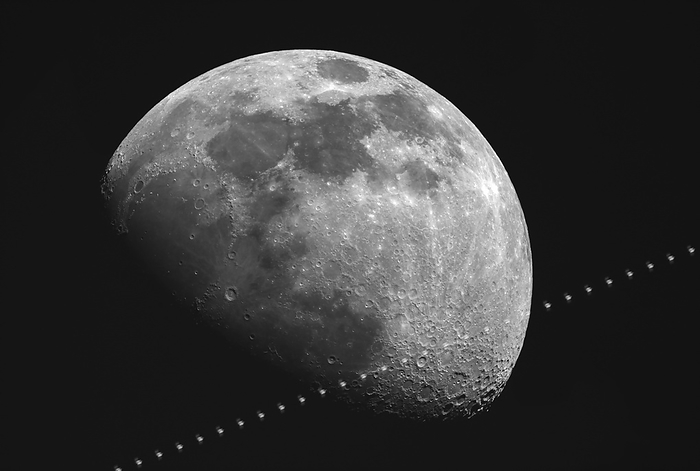 ISS lunar transit, March 2021 Image sequence showing the International Space Station  ISS  crossing the Moon s disc in its waxing gibbous moon phase during twilight. This is when a moon is approaching a full moon  increasing in size  and is therefore said to be waxing. It is gibbous when it is more than half full. The ISS takes a few minutes to cross the sky, orbiting the Earth every 92 minutes. The Moon rises and sets daily due to the rotation of the Earth, taking just over 27 days to complete its orbit. Photographed from Dark Sky Alqueva Reserve, Cumeada, Reguengos, Portugal., Creditline:MIGUEL CLARO SCIENCE PHOTO LIBRARY
