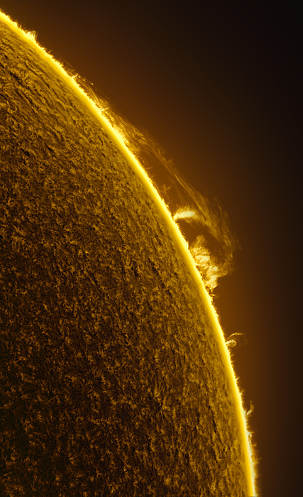 Solar prominence Large solar prominence. Prominences are dense clouds of plasma, or ionised gas, in the Sun s outer layer, the corona. Upon erupting, the flares become part of the solar wind. They may be associated with strong magnetic activity inside the Sun, and some flares are powerful enough that, on reaching Earth, they can disrupt telecommunications and satellite systems. Solar flares can extend hundreds of thousands of kilometres into space. Photographed from Alqueva Dark Sky Reserve, Portugal, on 17th January 2021., Creditline:MIGUEL CLARO SCIENCE PHOTO LIBRARY