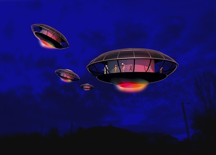UFO spacecrafts, illustration UFO spacecrafts, illustration., Creditline:RUSSELL KIGHTLEY SCIENCE PHOTO LIBRARY