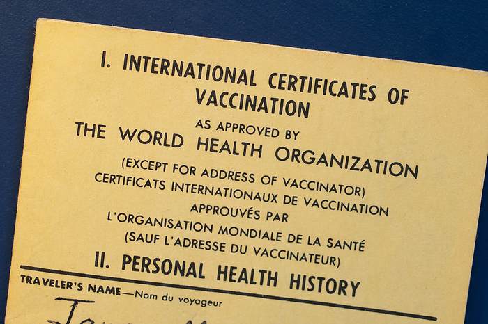 Vaccination passport The World Health Organization s International Certificates of Vaccination  vaccination passport . This version was issued by the U.S. Public Health Service in 1965. It contains pages to document vaccination against smallpox, yellow fever, cholera, and other diseases., Creditline:JIM WEST SCIENCE PHOTO LIBRARY