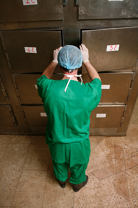Mortuary technician opens doors to a cold storage facility Mortuary technician opens the doors to a cold storage facility., Creditline:MEDICIMAGE   SCIENCE PHOTO LIBRARY
