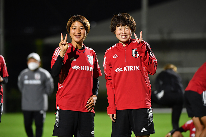 Nadeshiko Japan Candidates Training Camp Japan s Rin Sumida  L  and Asato Miyagawa pose during a training camp at Prince Takamado Memorial JFA YUME Field in Chiba, Japan, October 19, 2021.  Photo by JFA AFLO 
