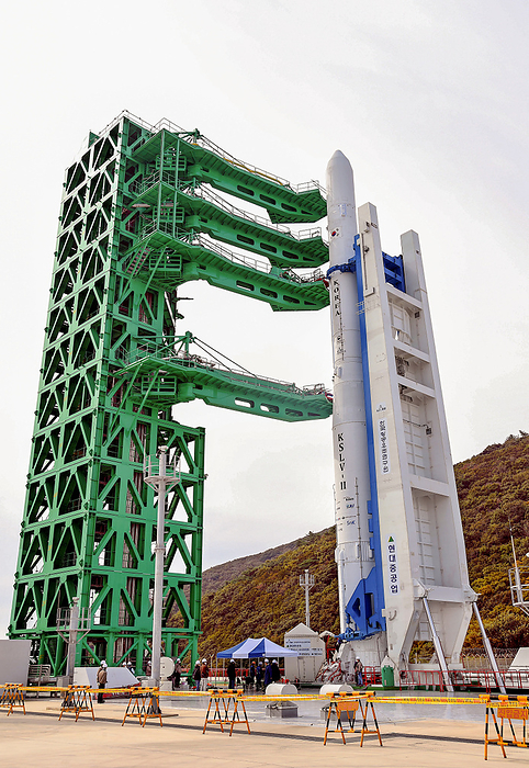 Preparation for launch of South Korea s first homegrown space rocket, the Nuri in Goheung The Nuri, Oct 20, 2021 : The Nuri, the first homegrown space rocket of South Korea, is seen at a launch pad at the Naro Space Center in Goheung, about 485 km  301 miles  south of Seoul, South Korea in this handout photo released by the Korea Aerospace Research Institute. South Korea is going to launch the 200 ton Nuri on Oct 21. The first homegrown space rocket is using liquid engines and the country will become the world s tenth country to send a satellite into space with its own technology, if the launch is successful, local media reported. EDITORIAL USE ONLY.  Mandatory Credit: The Korea Aerospace Research Institute Handout AFLO   SOUTH KOREA 