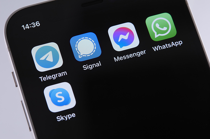 smartphone app The logos of mobile messaging apps Telegram, Signal, Messenger, WhatsApp and Skype, are displayed on a screen in Tokyo, Japan, October 18, 2021.  Photo by Shingo Tosha AFLO 