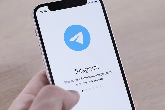 smartphone app The logo of Telegram is seen on a smartphone in Tokyo, Japan, October 18, 2021.  Photo by Shingo Tosha AFLO 