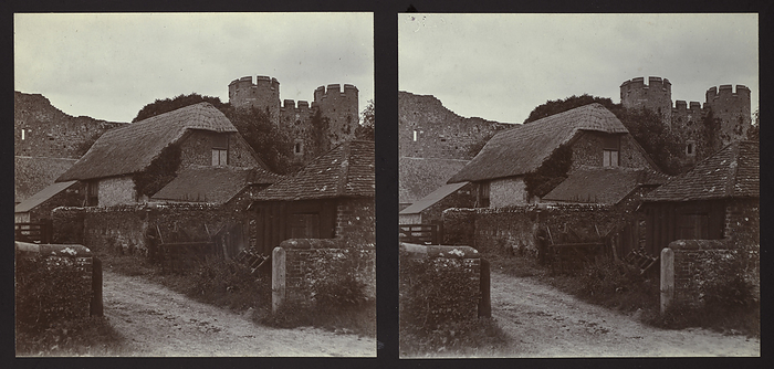 Amberley Castle, Amberley, Horsham, West Sussex, 1913. Creator: Walter Edward Zehetmayr. Amberley Castle, Amberley, Horsham, West Sussex, 1913. Stereoscopic view from the south west looking up towards the gatehouse and curtain wall of Amberley Castle, with a thatched cottage and outbuilding in the foreground.