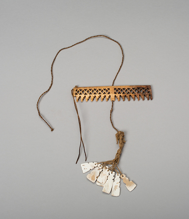 Balance Beam Scale with Geometric Cut out Motifs and String holding Shell Pendants, A.D. 500 800. Creator: Unknown. Balance Beam Scale with Geometric Cut out Motifs and String holding Shell Pendants, A.D. 500 800.