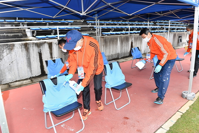 2022 AFC U 23 Asian Cup Qualifier A member of staff disinfects before the AFC U 23 Asian Cup Uzbekistan 2022 Qualifier Group K match between U 22 Cambodia 4 2 U 22 Hong Kong at J Village Stadium in Fukushima, Japan, October 23, 2021.  Photo by JFA AFLO  