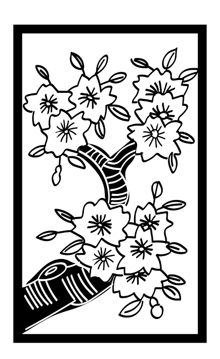 Illustration of Hanafuda Playing Cards -- Rose -- Monochrome B&W -- Line drawing｜Curser of cherry blossoms in March｜Japanese card game｜Vector data