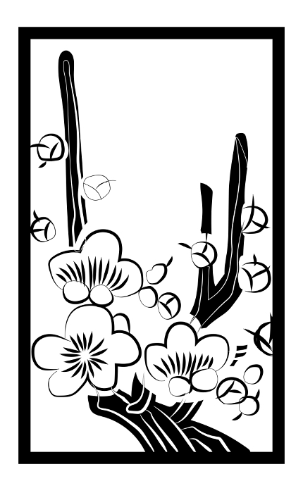 Illustration of Hanafuda - a single rose - B&W Line drawing｜February Plum Blossoms｜Japanese card game｜Vector data