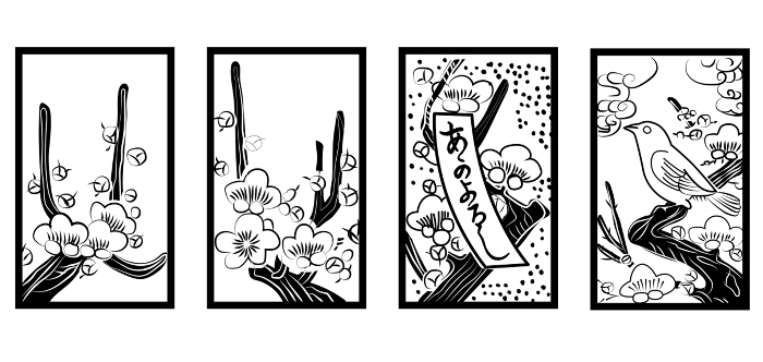 Hanafuda illustration Black and white line drawing｜February Plum Warbler Japanese card game｜Vector data