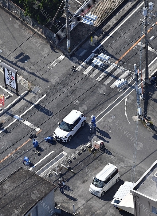 The scene of an accident in which four pedestrians were hit by a car. The scene of an accident in which four pedestrians were hit by a car in Soja City, Okayama Prefecture, November 4, 2021.  Photo taken by Tatsuya Onishi from the helicopter of the head office at 11:01 a.m. on November 4, 2021 