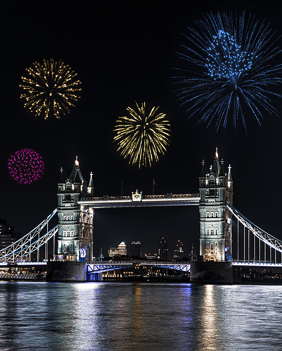London, United Kingdom Londons Tower Bridge on the river Thames at night with fireworks being launched in celebration, Photo by Freelanceimages Universal Images Group