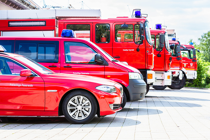 Vehicle fleet of the voluntary fire brigade Car pool with fire engines of fire department