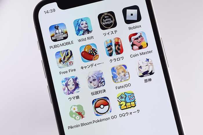 smartphone app The logos of mobile game apps PlayerUnknown s Battlegrounds Mobile  PUBG Mobile , League of Legends:Wild Rift, Disney Twisted Wonderland, Roblox, Garena Free Fire, Candy Crush Saga, Clash Royale, Coin Master, Umamusume, Arena of Valor, Fate Grand Order, Genshin Impact, Pikmin Bloom, Pokemon GO and Dragon Quest Walk, are displayed on a screen in Tokyo, Japan, November 10, 2021.  Photo by Shingo Tosha AFLO 