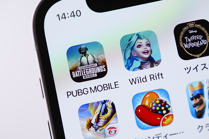smartphone app The logos of mobile game apps PlayerUnknown s Battlegrounds Mobile  PUBG Mobile  and League of Legends:Wild Rift, are displayed on a screen in Tokyo, Japan, November 10, 2021.  Photo by Shingo Tosha AFLO 