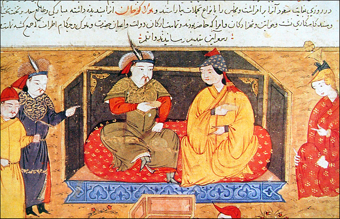 Iran   Mongolia: Hulagu Khan with his Nestorian Christian wife Dokuz Khatun, from Rashid Ad Din,  History of the world , 14th century Hulagu Khan, also known as H leg , Hulegu or Halaku  c. 1217   8 February 1265 , was a Mongol ruler who conquered much of Southwest Asia. Tolui and the Kerait princess Sorghaghtani Beki, he was a grandson of Genghis Khan, and the brother of Arik Boke, M ngke Khan and Kublai Khan. greatly expanded the southwestern portion of the Mongol Empire, founding the Ilkhanate of Persia, a precursor to the eventual Safavid dynasty, and then the modern state of Iran.  br   br  the modern state of Iran.  Doquz Khatun  also spelled Dokuz Khatun  was a Turkic Kerait princess of the 13th century, who was married to the Mongol ruler Hulagu. She was known to accompany Hulagu on campaigns. At the Sack of Baghdad in 1258, the Mongols massacred tens of thousands of Doquz Khatun was a Nestorian Christian, and is often mentioned as a great benefactor of the Christian faith. When Mongol envoys were sent to Europe, they also tried to use Doquz s Christianity to advantage, by claiming that Mongol princesses such as Doquz and Soror were spared. When Mongol envoys were sent to Europe, they also tried to use Doquz s Christianity to advantage, by claiming that Mongol princesses such as Doquz and Sorghaghtani Beki were daughters of the legendary Prester John. She died in 1265, the same year as her husband.