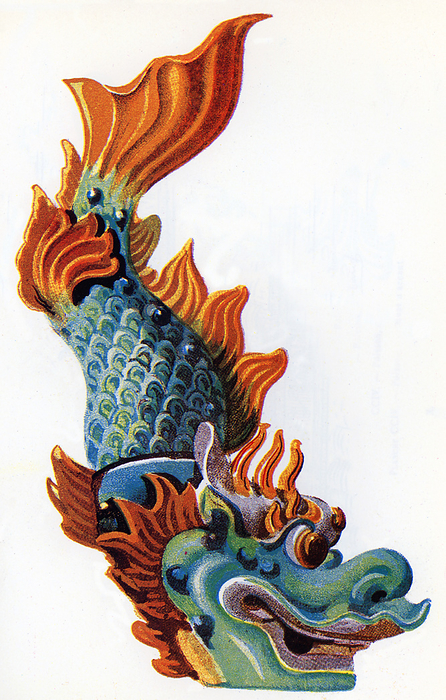 Vietnam: Glazed ceramic fish, Forbidden City, Hue, c. 1930. Architectural drawing of art features in the Forbidden City at Hu so, the imperial capital of Vietnam under the Nguyen Dynasty  1802 1945 . The drawing was made for the Association des Amis du Vieux Hue  Association of the Friends of Old Hue  in the 1920s, before the disasters of 1947 and 1968. Today, less than a third of the structures inside the citadel remain. br   br   br  The drawing was made for the Association des Amis du Vieux Hue  Association of the Friends of Old Hue  in the 1920s, before the disasters of 1947 and 1968.  In 1947 the French army shelled the building, and removed or destroyed nearly all the treasures it contained. Further massive destruction occurred when Hue   Citadel became the symbolic center of the 1968 Tet Offensive. The US forces finally recaptured the citadel 25 days later, but not before shelling the citadel. The US forces finally recaptured the citadel 25 days later, but not before shelling the citadel with heavy naval bombardments as well as extensive bombing from the air.  The former Imperial City was made a UNESCO World Heritage Site in 1993 and is gradually being restored.