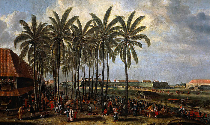 Netherlands  Indonesia: A market scene in Batavia  Jakarta  with VOC headquarters Batavia Castle in the background, an oil on canvas painting by Nicolaas Pieneman, c. 1656 58. A Batavia market is in full swing in the shade of the coconut palm trees. Traders from Java, China, Bengal and Europe are depicted trading with locals. In the background is the fortfified Batavia Castle, the Asian headquarters of the Dutch East India Company. Through the centre flows the Ciliwung, also known as Kali Besar   Great River  . br   br    The Dutch East India Company, or VOC, was a chartered company granted a monopoly by the Dutch government to carry out colonial activities in Asia. It was the first multinational corporation in the world and the first company to issue stock. It was also arguably the world s first megacorporation, possessing quasi governmental powers, including the ability to wage war, imprison and execute convicts, negotiate treaties, coin money and establish colonies. br   br    The VOC was set up in 1602 to gain a foothold in the East Indies  Indonesia  for the Dutch in the lucrative spice trade, which until that point was dominated by the Portuguese. br   br    Between 1602 and 1796, the VOC sent almost a million Europeans to work in the Asia trade on 4,785 ships, and netted more than 2.5 million tons of Asian trade goods. 