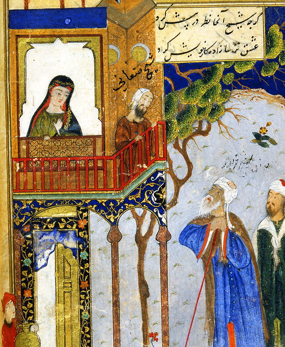 Iran: Detail from a miniature painting of Farid al Din Attar s  Conference of the Birds , 15th century. The Sufi poet Farid al din Attar   Conference of the Birds is a frame story whose central figure, a hoopoe, is a kind of spiritual leader for a number of other birds. This miniature is from one of the book   anecdotes about how the devout Arab Shaykh Sanan falls in love with a Christian maiden from Rum  Byzantium .