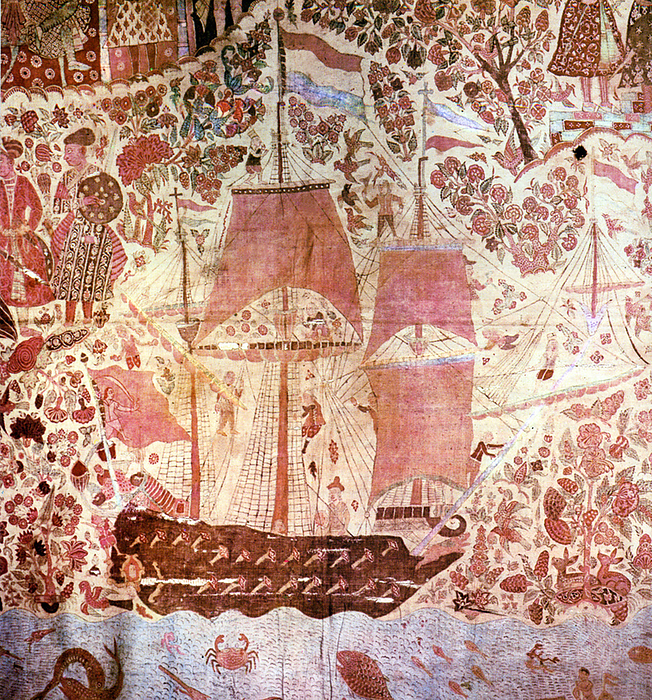 India: A Dutch ship off the coast of India in the 1600s, painted on Indian cloth. The Dutch East India Company, or VOC, was a chartered company established in 1602, when the States General of the Netherlands granted it a 21 year monopoly to carry out colonial activities in Asia. It was the first multinational corporation in the world and the first company to issue stock. It was also arguably the world s first megacorporation, possessing quasi governmental powers, including the ability to wage war, imprison and execute convicts, negotiate treaties, coin money and establish colonies. br   br    The VOC was set up in 1602 to gain a foothold in the East Indies  Indonesia  for the Dutch in the lucrative spice trade, which until that point was dominated by the Portuguese. br   br    In India, the VOC built ports and trading posts in Bengal  now Bangladesh  and the Coromandel Coast. br   br    Between 1602 and 1796, the VOC sent almost a million Europeans to work in the Asia trade on 4,785 ships, and netted more than 2.5 million tons of Asian trade goods. 