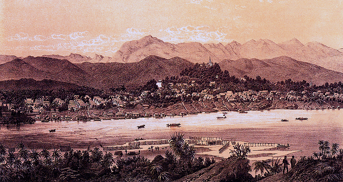 Laos: The city of Luang Prabang, sketched by French expeditioner Louis Delaporte in 1867. This drawing by Louis Delaporte is one of dozens he produced during his two year venture  1866 68  with the Mekong Exploration Commission sponsored by the French Ministry of the Navy, the intention of which was to lay the groundwork for the expansion of French colonies in Indochina. Traveling the Mekong by boat, the small French delegation voyaged from Saigon to Phnom Penh to Luang Prabang, then farther north into the uncharted waters of Upper Laos and China s Yunnan province, before returning to Hanoi in 1868 by foot, accompanied by porters and elephants.