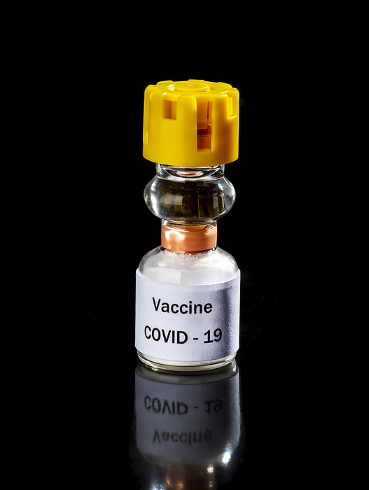Medical Vaccine COVID-19 vial on a black background; Studio, Photo by Michael Interisano / Design Pics