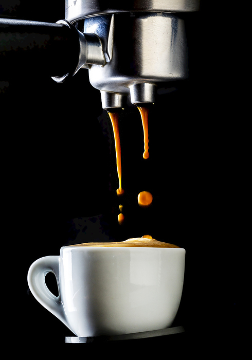 Espresso Coffee Machine Close up of espresso coffee machine dripping coffee into white espresso cup with foam on surface of cup  Studio, Photo by Michael Interisano   Design Pics