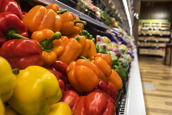 Fresh peppers and vegetables on display at a supermarket: Ft. Saskatchewan, Alberta, Canada, Photo by LJM Photo / Design Pics