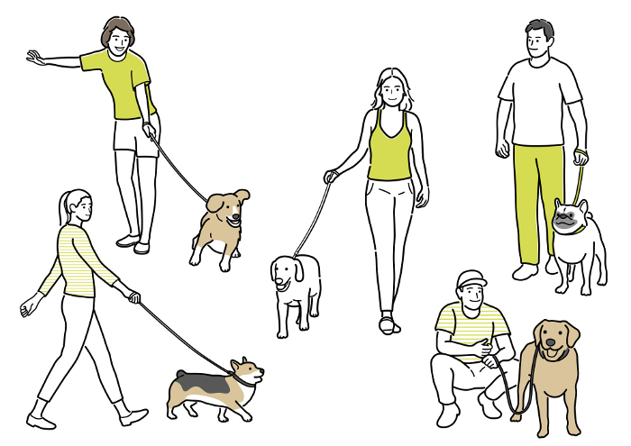 set of simple line drawing illustrations of a person with a dog