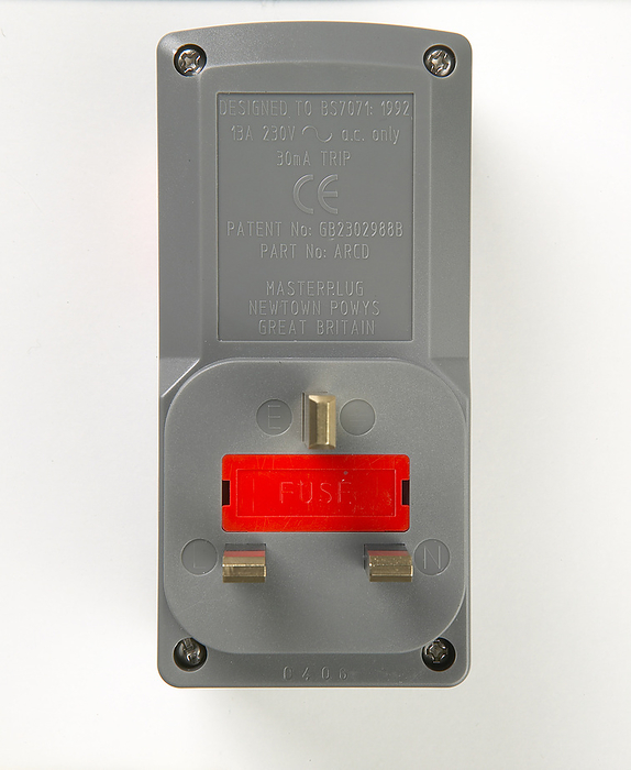 RCD adaptor Plug view of a RCD adaptor., Photo by DK IMAGES SCIENCE PHOTO LIBRARY