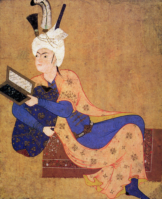 Iran: A miniature painting, c. 1530 CE by Aqa Mirak, of a Tabriz prince in repose.  Tabriz was capital of the Safavid Empire from 1501 to 1548, during which time many great painters, such as Aqa Mirak, Mir Sayyid Ali and Dust Muhammad produced magnificent royal manuscripts. Safavid art set the standard for painting, literature and architecture, as well as ceramics, metal and glass. While of course nourished by Persian culture, much Safavid art was strongly influenced by Turkish, Chinese, Ottoman and Western cultures. The royal workshops of Tabriz were very influential, and illuminated and illustrated manuscripts spread throughout the empire. When the capital was transferred from Tabriz to Qazvin in 1548, the court artists fled to foreign courts, mostly Mughal or Ottoman.