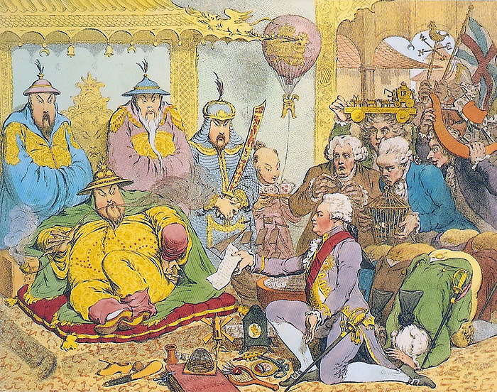 China: The reception of the Macartney Mission at the Qing Court, 1792.  A caricature on Lord Macartney s Embassy to China and on the little which the Ambassador and his government are presumed to have known of the manners and tastes of the people they wanted to conciliate  the purpose of the visit was to propose the creation of a permanent English mission to the court of Peking . Chinese etiquette is, that extreme prostrations should be made before the Emperor, which it was intimated Lord Macartney would not conform to. The whole contour of the Emperor is indicative of cunning and contempt and his indifference to the numerous gifts displaying the skill of British manufacturing, is evident. As soon as Lord Macartney had declined to make the required prostrations, only going down on one knee, he was dismissed from the presence of the Emperor. He was later ordered to quit Peking within two days and was given a letter addressed to George III wherein the Emperor states that, As your Ambassador can see for himself, we possess all things. I set no value on objects strange or ingenious, and have no use for your country s manufactures . An attache, Aeneas Anderson, later recalled that  we entered Pekin like Paupers, remained in it like Prisoners and departed from it like Vagrants .