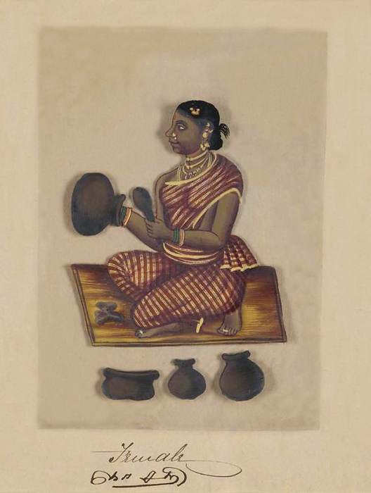 India: A Female Hindoo   Hindu Potter  1837 . Hand colored image painted on a thin sheet of mica from a manuscript entitled:  Seventy Two Specimens of Caste in India    Madura, southern India: 1837 . The full manuscript consists of 72 full color hand painted images of men and women of the various castes and religious and ethnic groups found in Madura, Tamil Nadu, at that time. The manuscript shows Indian dress and jewelry adornment in the Madura region as they appeared before the onset of Western influences on South Asian dress and style. Each illustrated portrait is captioned in English and in Tamil, and the title page of the work includes English, Tamil, and Telugu. Each illustrated portrait is captioned in English and in Tamil, and the title page of the work includes English, Tamil, and Telugu.