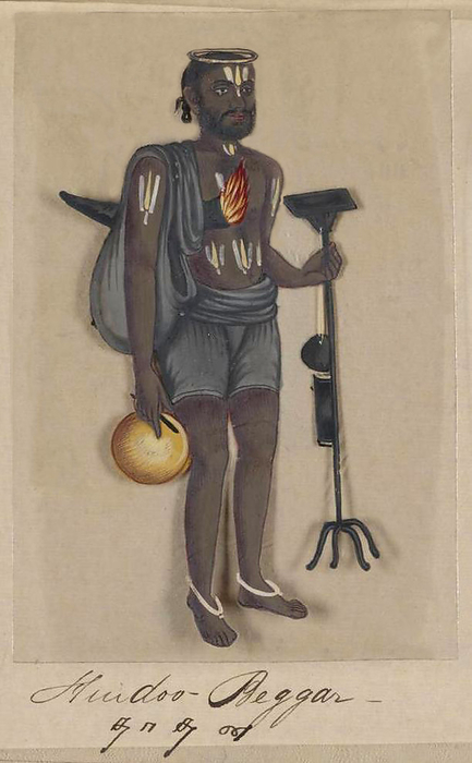 India: Hindoo   Hindu Beggar  1837  Hand colored image painted on a thin sheet of mica from a manuscript entitled:  Seventy Two Specimens of Caste in India    Madura, southern India: 1837 . The full manuscript consists of 72 full color hand painted images of men and women of the various castes and religious and ethnic groups found in Madura, Tamil Nadu, at that time. The manuscript shows Indian dress and jewelry adornment in the Madura region as they appeared before the onset of Western influences on South Asian dress and style. Each illustrated portrait is captioned in English and in Tamil, and the title page of the work includes English, Tamil, and Telugu. Each illustrated portrait is captioned in English and in Tamil, and the title page of the work includes English, Tamil, and Telugu.