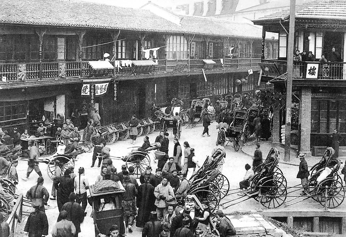 China: Rickshaws at Shanghai Old Town, North Gate area, c.1911. International attention to Shanghai grew in the 19th century due to its economic and trade potential at the Yangtze River.  The war ended with the 1842 Treaty of Nanjing, opening Shanghai and other ports to international trade.  br   br  The war ended with the 1842 Treaty of Nanjing, opening Shanghai and other ports to international trade.  In 1863, the British settlement, located to the south of Suzhou creek  Huangpu district , and the American settlement, to the north of Suzhou creek  Hongkou district , joined.  The French opted out of the Shanghai Municipal Council, and maintained its own French Concession.  br   br  The French opted out of the Shanghai Municipal Council, and maintained its own French Concession.  Citizens of many countries and all continents came to Shanghai to live and work during the ensuing decades  those who stayed for long periods called themselves  Shanghailanders . In the 1920s and 30s, the Shanghai War was a major factor in the economic growth of the country. In the 1920s and 30s, some 20,000 so called White Russians and Russian Jews fled the newly established Soviet Union and took up residence in Shanghai. In the 1920s and 30s, some 20,000 so called White Russians and Russian Jews fled the newly established Soviet Union and took up residence in Shanghai.
