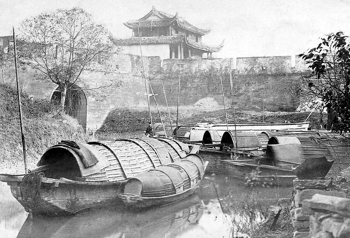 China: Covered boats by Shanghai City Wall, West Gate area, 1890s. International attention to Shanghai grew in the 19th century due to its economic and trade potential at the Yangtze River.  The war ended with the 1842 Treaty of Nanjing, opening Shanghai and other ports to international trade.  br   br  The war ended with the 1842 Treaty of Nanjing, opening Shanghai and other ports to international trade.  In 1863, the British settlement, located to the south of Suzhou creek  Huangpu district , and the American settlement, to the north of Suzhou creek  Hongkou district , joined.  The French opted out of the Shanghai Municipal Council, and maintained its own French Concession.  br   br  The French opted out of the Shanghai Municipal Council, and maintained its own French Concession.  Citizens of many countries and all continents came to Shanghai to live and work during the ensuing decades  those who stayed for long periods called themselves  Shanghailanders . In the 1920s and 30s, the Shanghai War was a major factor in the economic growth of the country. In the 1920s and 30s, some 20,000 so called White Russians and Russian Jews fled the newly established Soviet Union and took up residence in Shanghai. In the 1920s and 30s, some 20,000 so called White Russians and Russian Jews fled the newly established Soviet Union and took up residence in Shanghai.